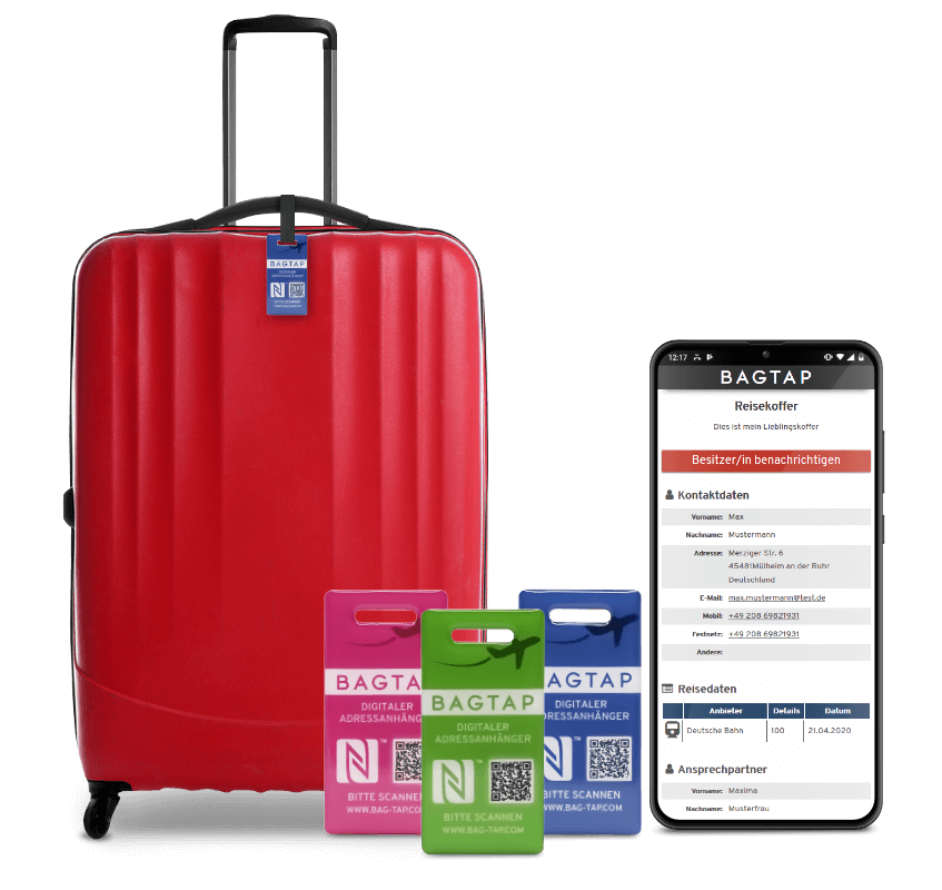 Roter Koffer mit Bagtap, Smartphone und Bagtaps daneben